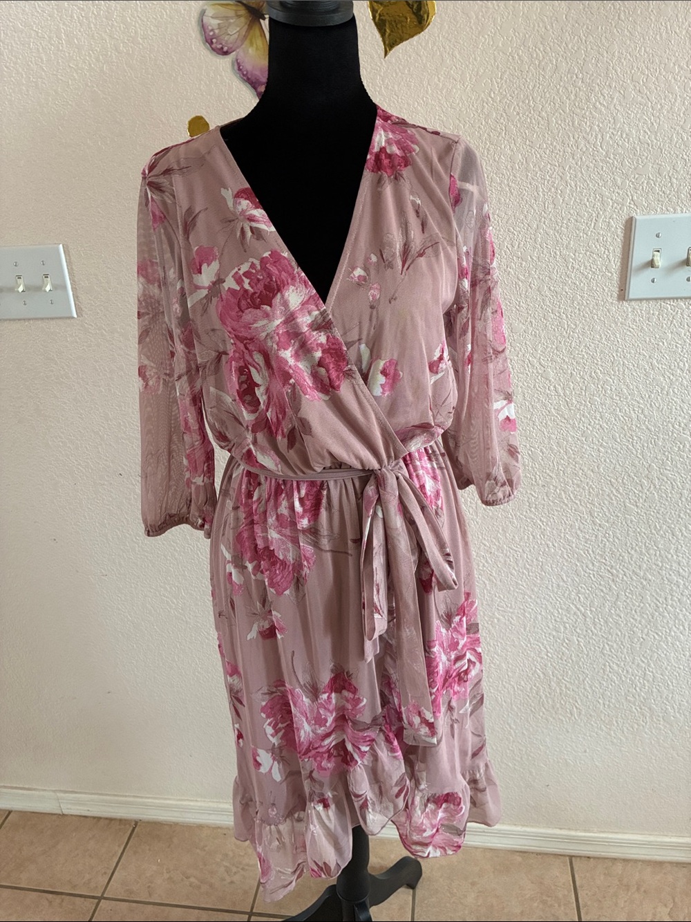Floral Wrap Robe in Dusty Rose with Pink Blooms
